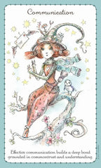 Illustration of a fairy with communication text and stars on a light blue background