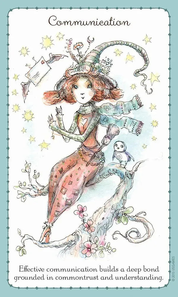 Illustration of a fairy with communication text and stars on a light blue background