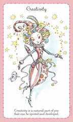 Illustration of a fairy with colorful hair and decorative clothing on a pink background with stars.