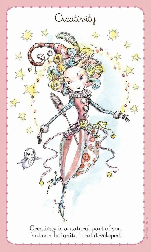 Illustration of a fairy with colorful hair and decorative clothing on a pink background with stars.