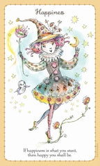 Colorful illustration of a clown with a witch hat, surrounded by stars and flowers, with the word 'Happiness' at the top.