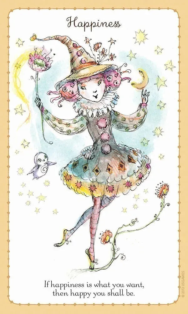 Colorful illustration of a clown with a witch hat, surrounded by stars and flowers, with the word 'Happiness' at the top.