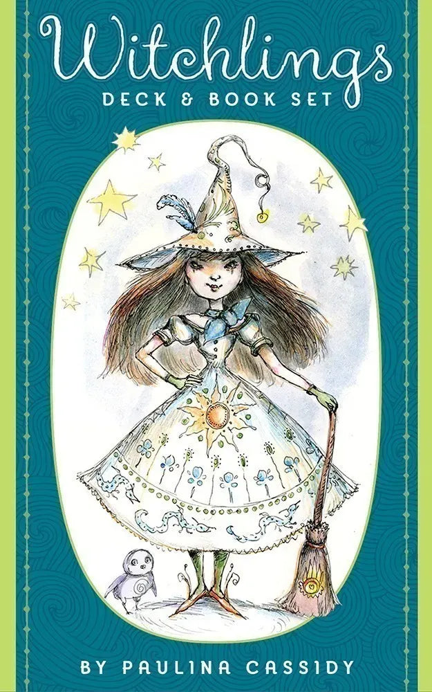 Witchlings deck & book set cover with an illustration of a young witch and text by Paulina Cassidy.