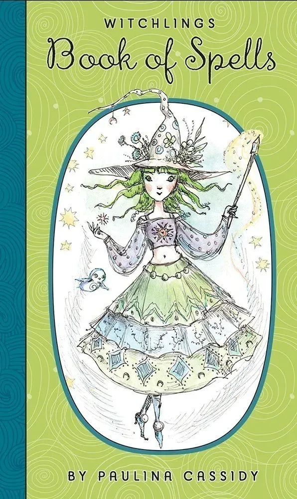 Book cover of 'Witchlings Book of Spells' with an illustration of a witch on a green background