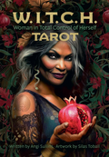 Book cover of 'W.I.T.C.H. Tarot' with a woman holding a pomegranate and floral background.