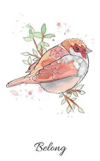 Watercolor illustration of a bird with leaves and the word 'Belong' on a white background