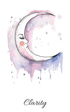 Watercolor illustration of a crescent moon with a silhouette of a person inside, set against a white background with the word 'Clarity'.