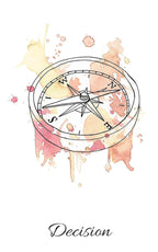 Watercolor compass with splashes of yellow, orange, and pink on a white background with the word 'Decision'.