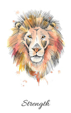 Colorful lion head illustration with the word 'Strength' below on a white background