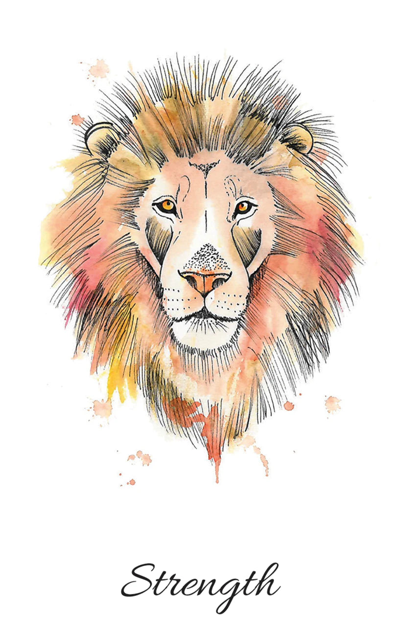 Colorful lion head illustration with the word 'Strength' below on a white background