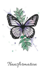 Butterfly on a branch with leaves and the word 'Transformation' below