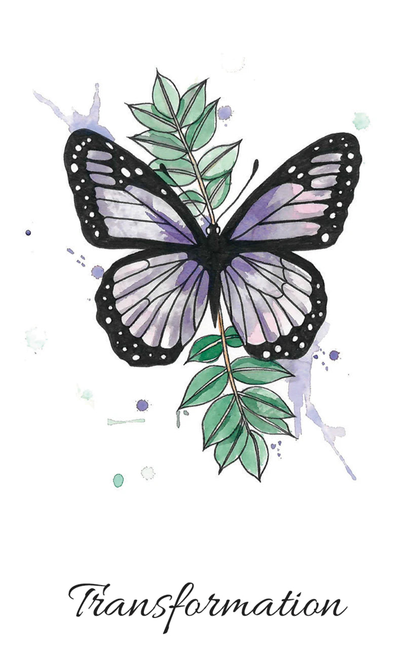 Butterfly on a branch with leaves and the word 'Transformation' below