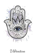 Hamsa hand with eye design on a white background with 'Vibration' text