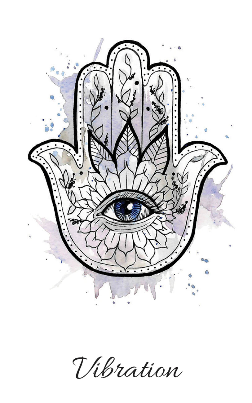 Hamsa hand with eye design on a white background with 'Vibration' text