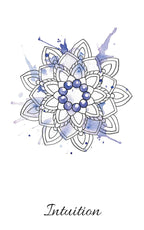 Mandala design with watercolor splashes and the word 'Intuition' on a white background