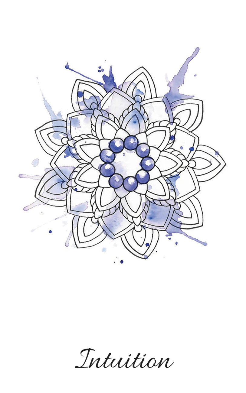 Mandala design with watercolor splashes and the word 'Intuition' on a white background