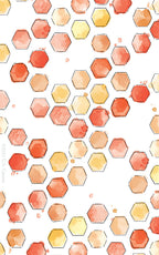 Pattern of watercolor hexagons in orange, yellow, and red on a white background