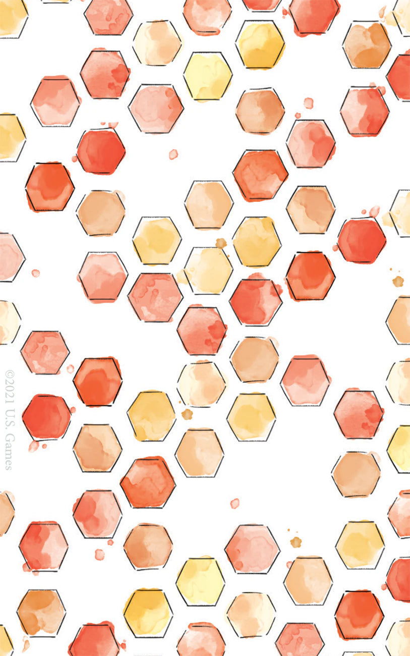 Pattern of watercolor hexagons in orange, yellow, and red on a white background
