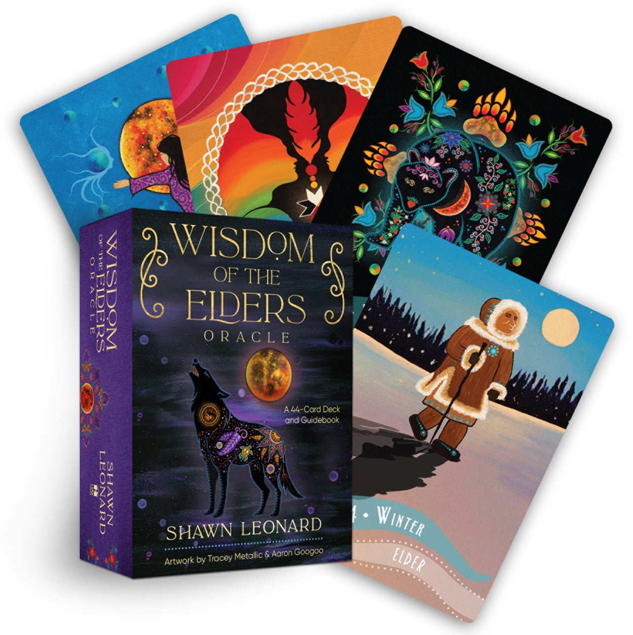 Set of 'Wisdom of the Elders' oracle cards with colorful designs and a book titled 'Wisdom of the Elders Oracle' by Shawn Leonard.