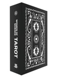 Black tarot card box with white text and designs on a white background