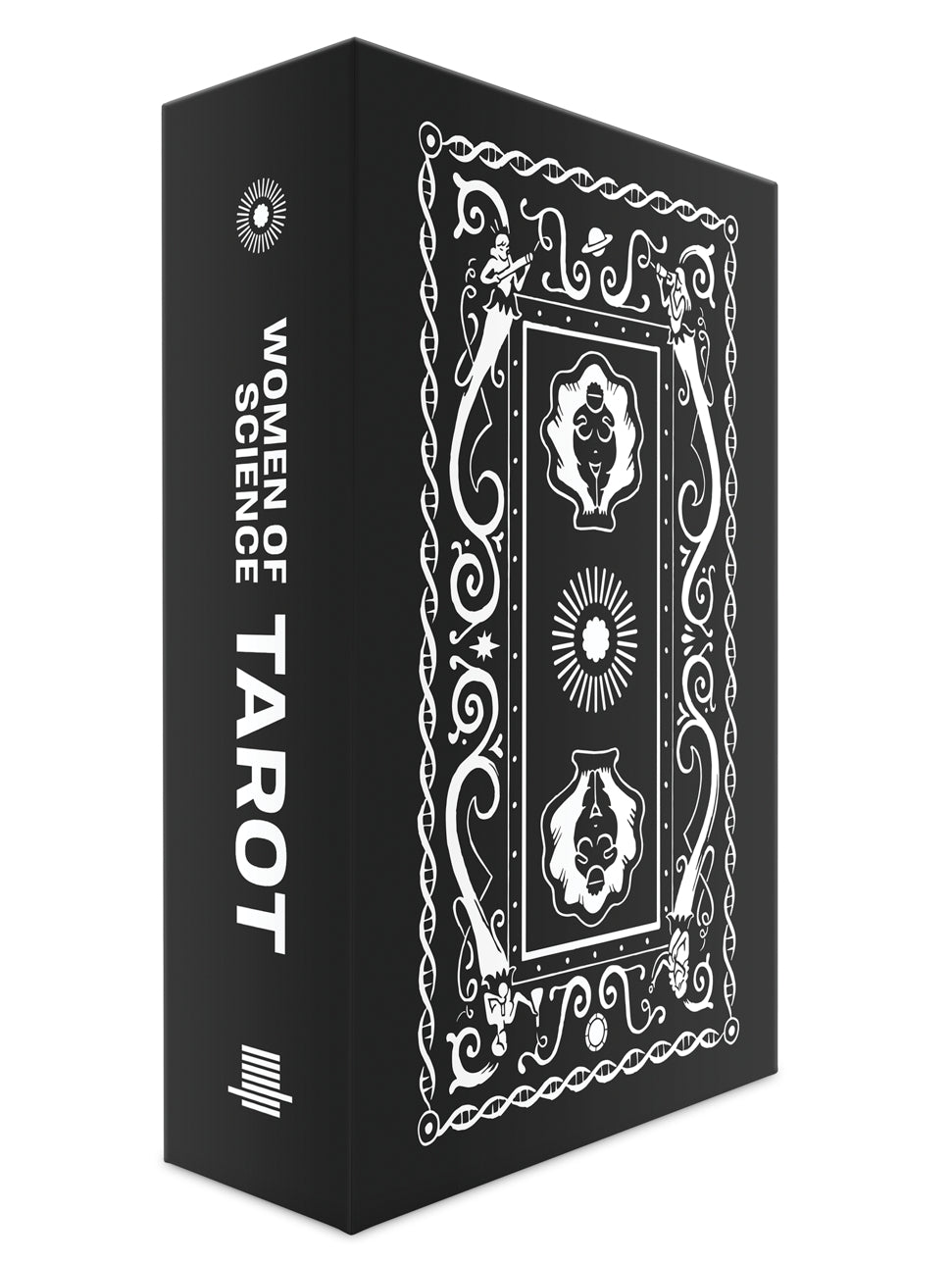 Black tarot card box with white text and designs on a white background