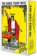 Box of The Rider Tarot Deck with colorful illustration on a yellow background