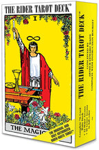 Box of The Rider Tarot Deck with colorful illustration on a yellow background
