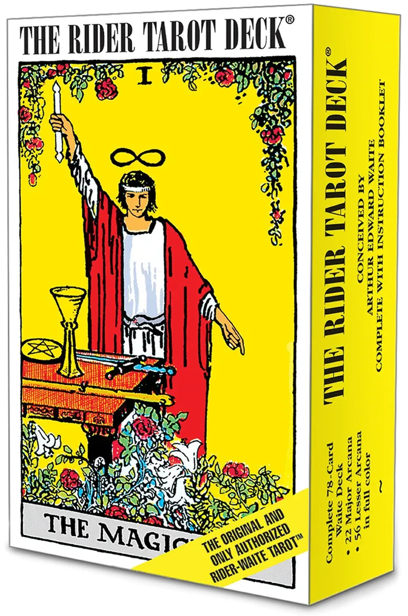 Box of The Rider Tarot Deck with colorful illustration on a yellow background