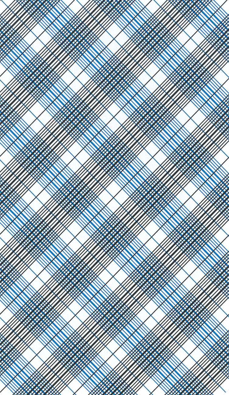 Diagonal plaid pattern with blue and black lines on a white background