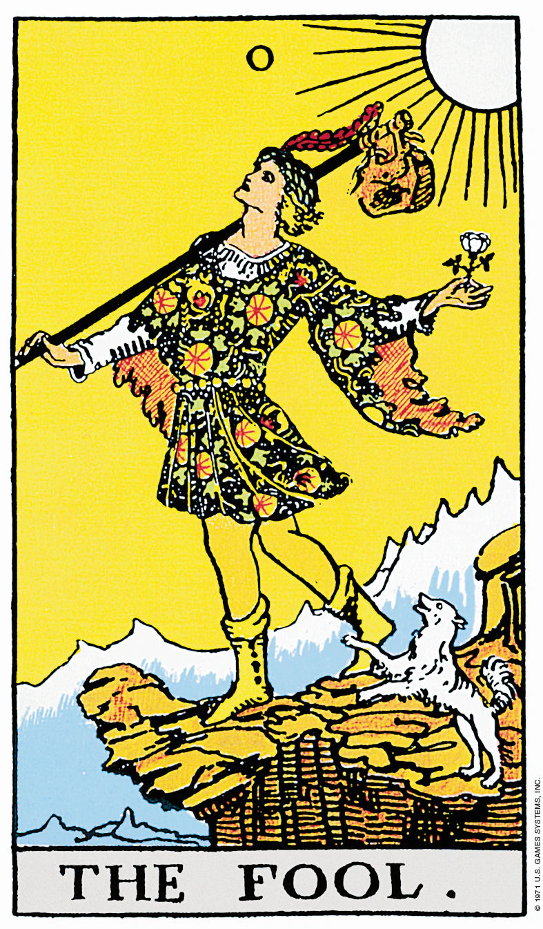 Tarot card 'The Fool' with a person in colorful attire against a yellow background