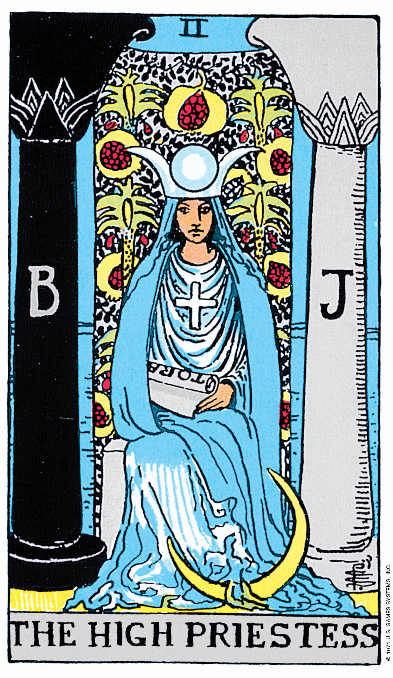 Tarot card featuring 'The High Priestess' with a figure in blue robes and a cat, surrounded by decorative elements.