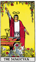 Tarot card featuring 'The Magician' with a central figure in red robes against a yellow background.