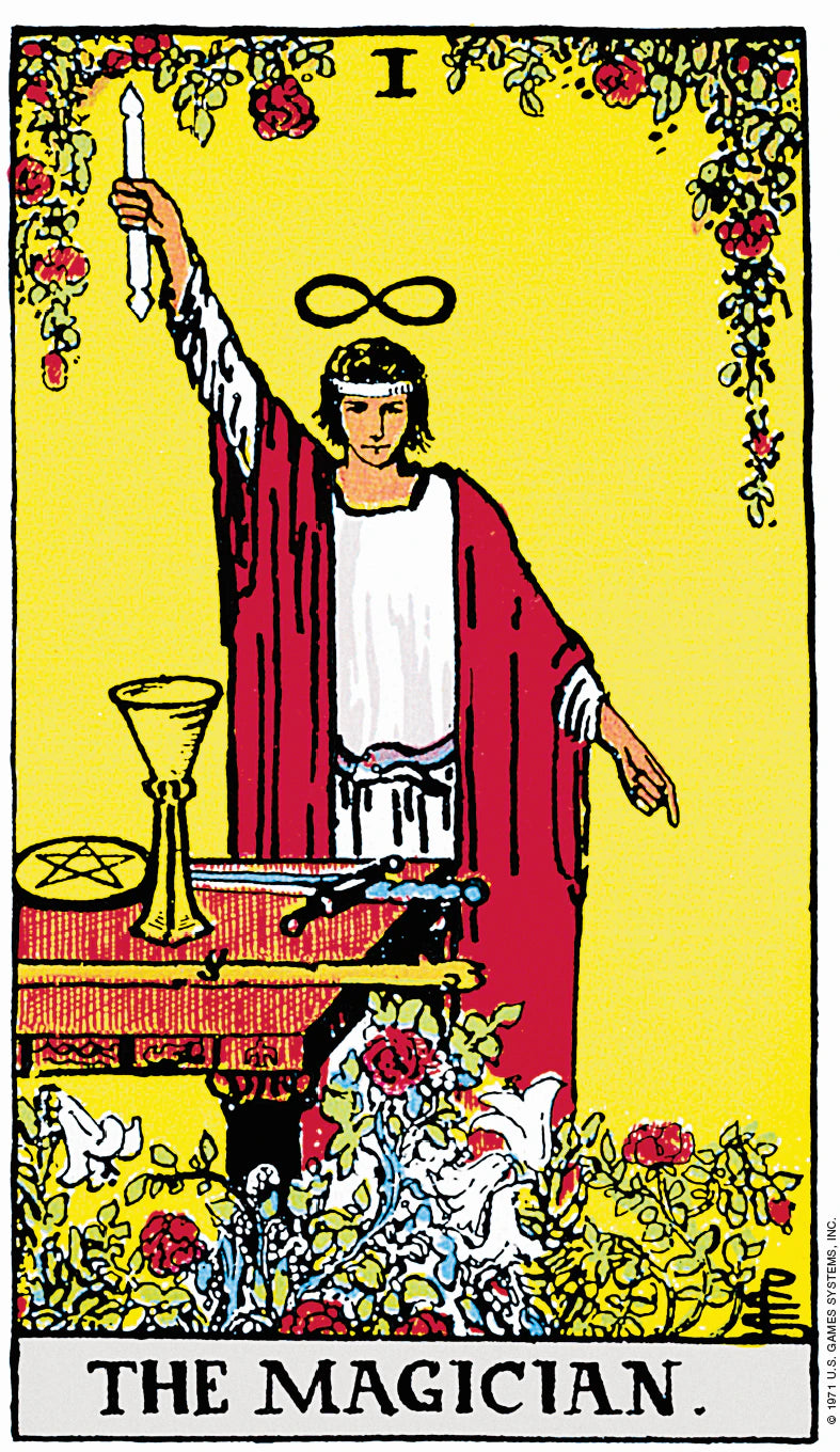 Tarot card featuring 'The Magician' with a central figure in red robes against a yellow background.