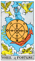 Tarot card titled 'Wheel of Fortune' with symbolic figures and text on a blue background.