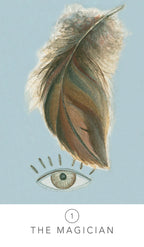 Feather with an eye and 'The Magician' tarot card symbol on a light blue background