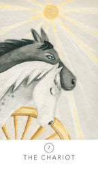Illustration of a horse on a chariot with a sun in the background, labeled 'The Chariot'.