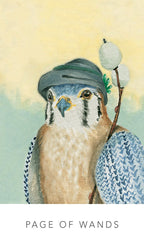 Illustration of a bird with a staff against a pastel background, titled 'Page of Wands'.