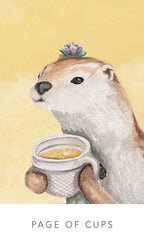 Illustration of an otter holding a cup with a flower on its head against a yellow background