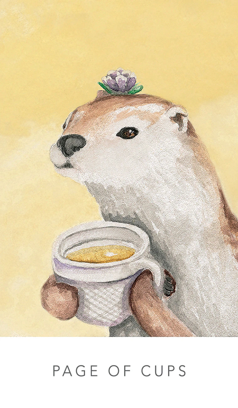 Illustration of an otter holding a cup with a flower on its head against a yellow background