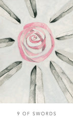 Pink rose surrounded by gray swords on a light gray background with '9 of Swords' text.