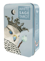 White Sage Tarot card packaging with a bird illustration and blue background
