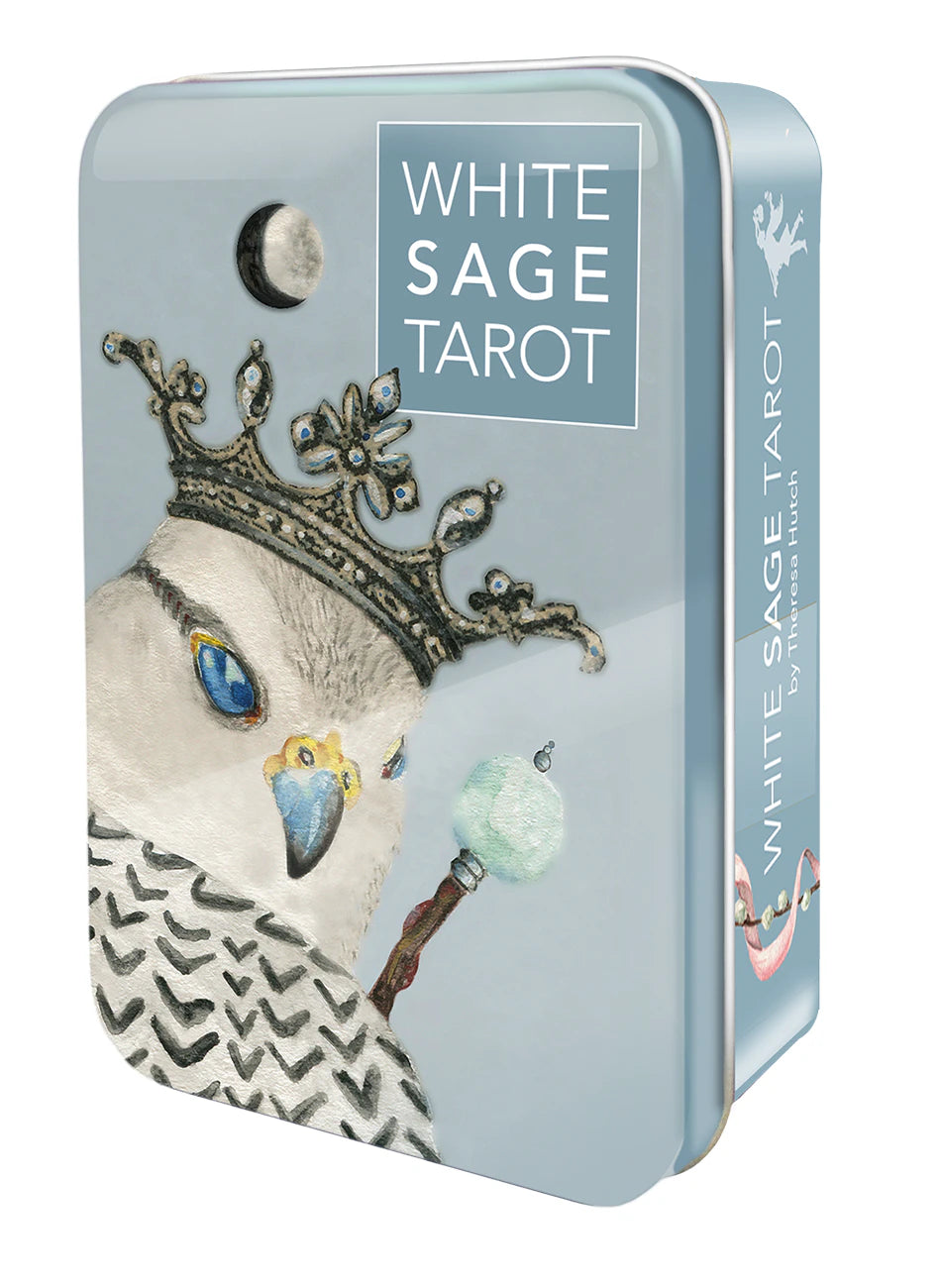 White Sage Tarot card packaging with a bird illustration and blue background
