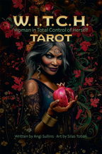 Book cover of 'W.I.T.C.H. Tarot' with a woman holding a pomegranate against a dark background with flowers.