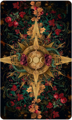Decorative card with a gold star design, flowers, and leaves on a dark background