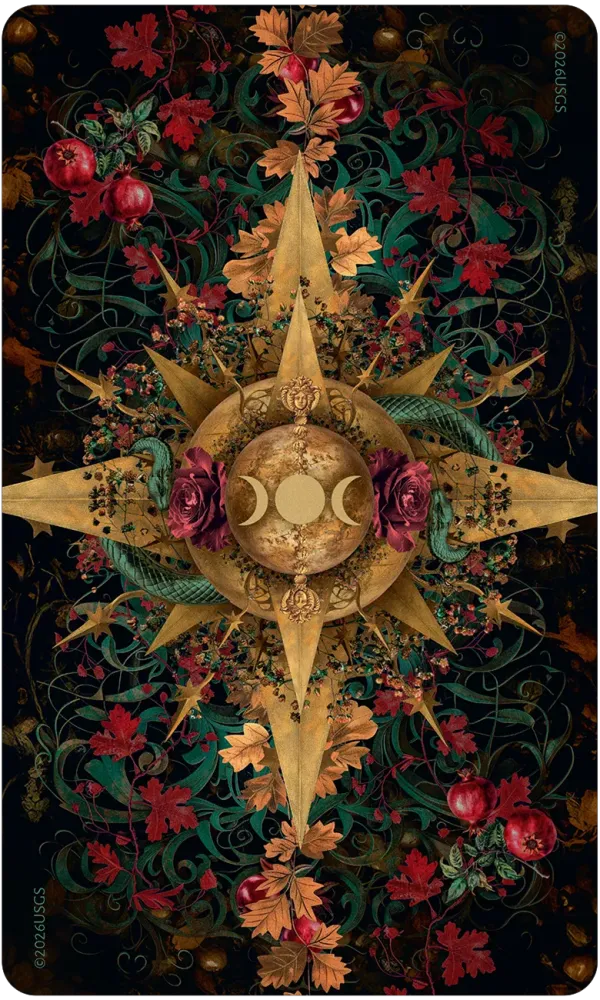 Decorative card with a gold star design, flowers, and leaves on a dark background