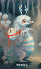 Fantasy creature with antlers and a red ribbon in a mystical forest setting, featuring the text '1 Beginnings'.