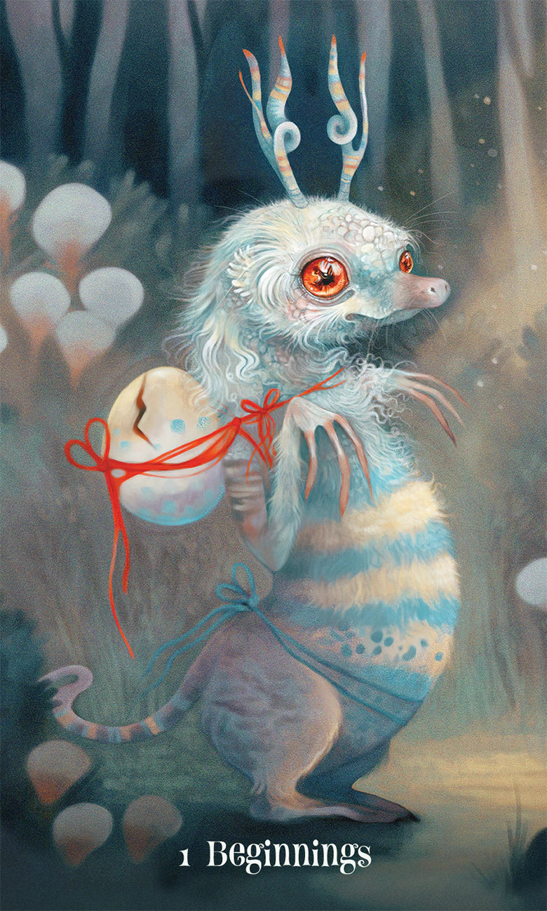 Fantasy creature with antlers and a red ribbon in a mystical forest setting, featuring the text '1 Beginnings'.