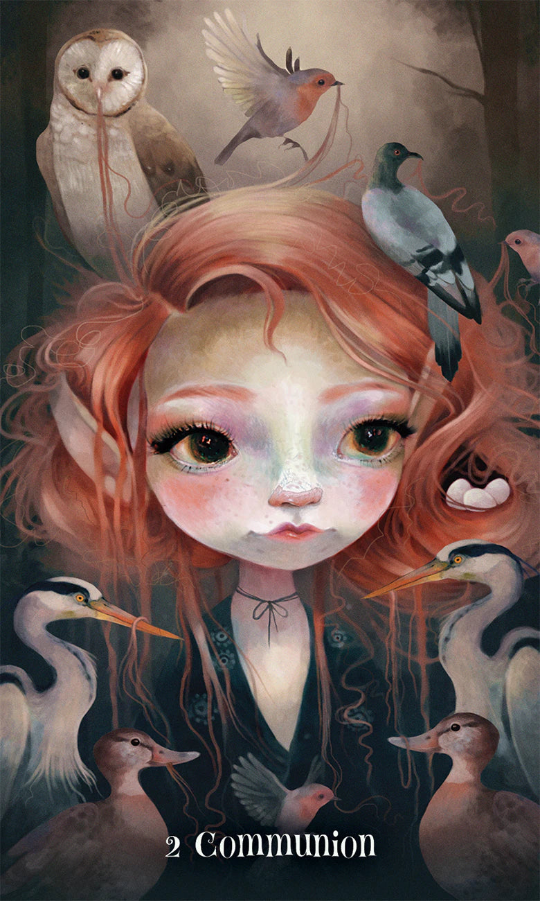 Illustration of a girl with birds around her head and shoulders, titled '2 Communion'.