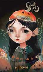 Illustration of a girl with a pumpkin hat and pumpkins around her, titled '14 Harvest'.