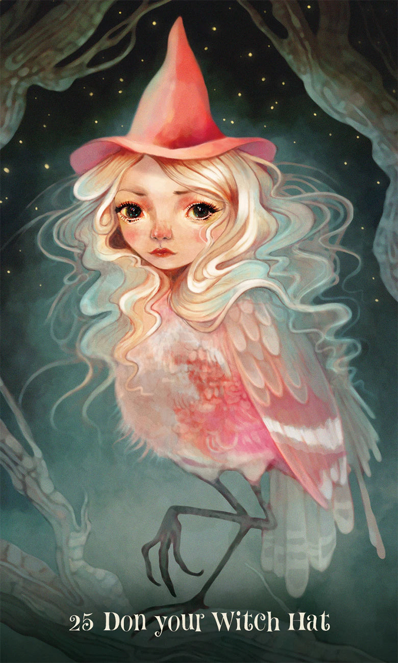 Illustration of a witch with a pointed hat and flowing hair against a mystical background.